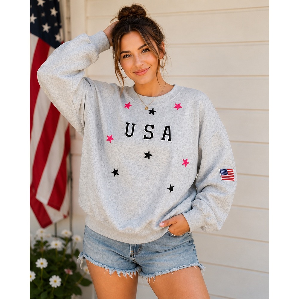 Freeze USA Embroidered Star Sweatshirt Gray Oversized Pullover 2X American Flag